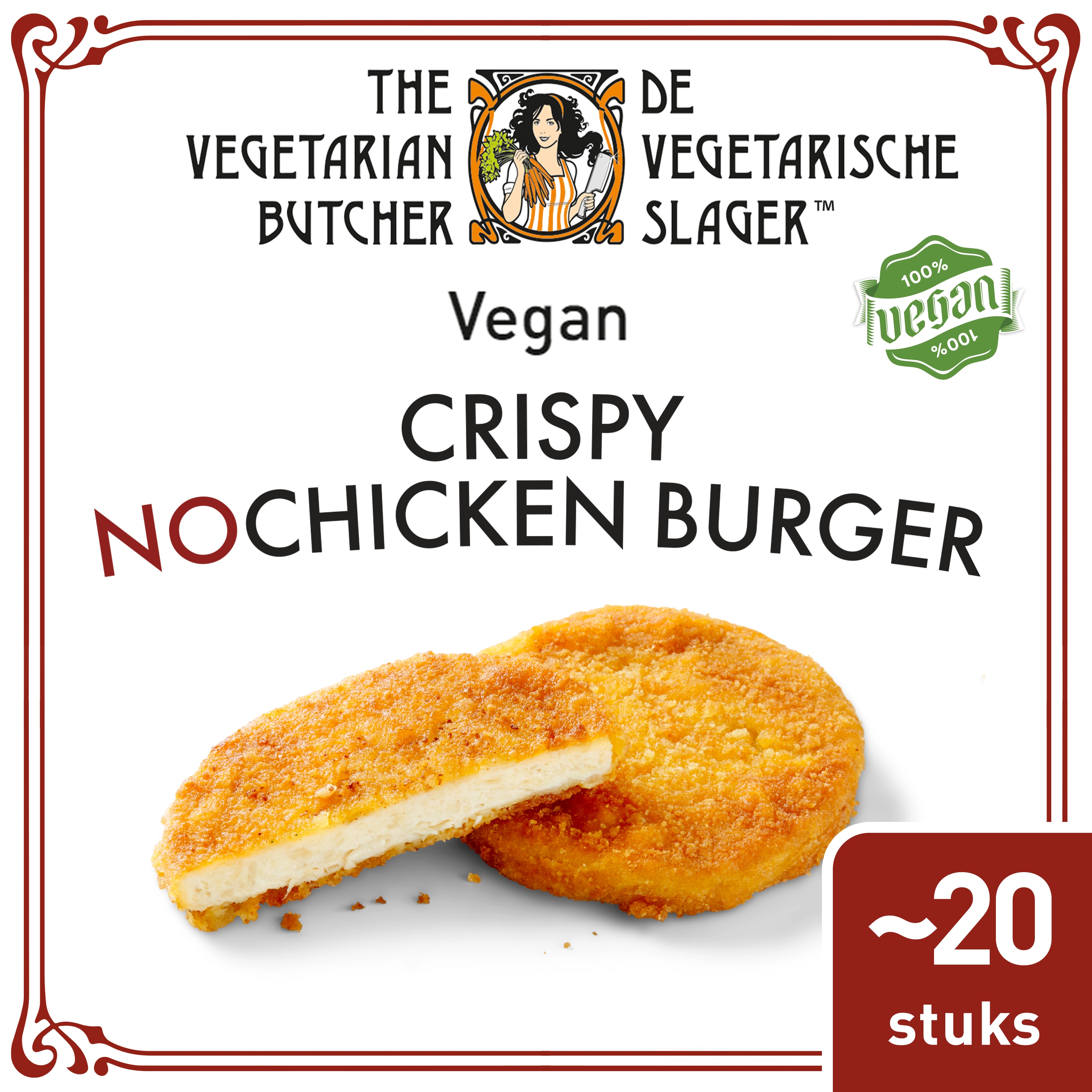De Vegetarische Slager NoChicken Veganistische Krokante Kipburger ~20x90g - 